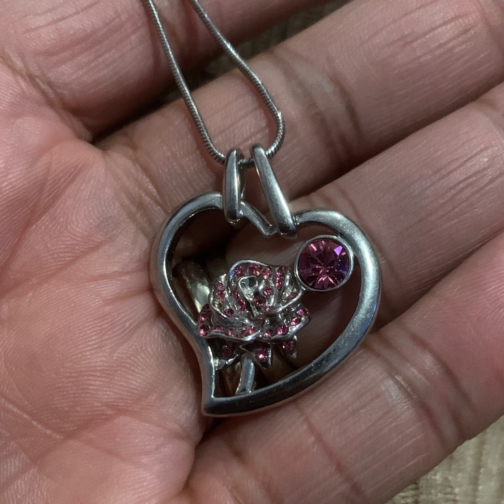Silver Heart Pendant Necklace with Pink Accents